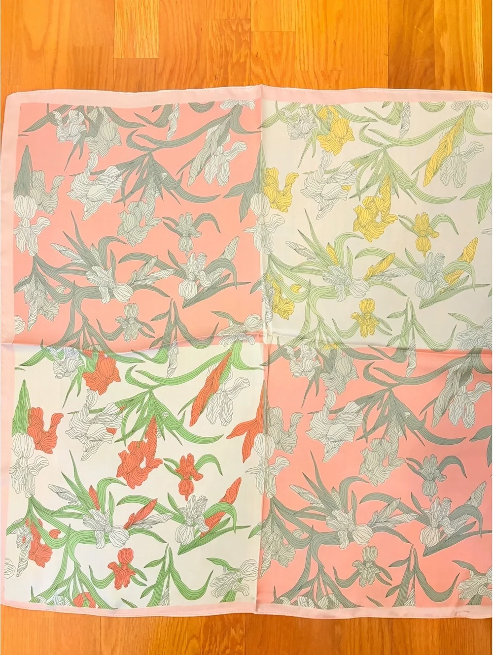 Elegant Satin Polyester Floral Scarf in Coral, White, Green, and Yellow